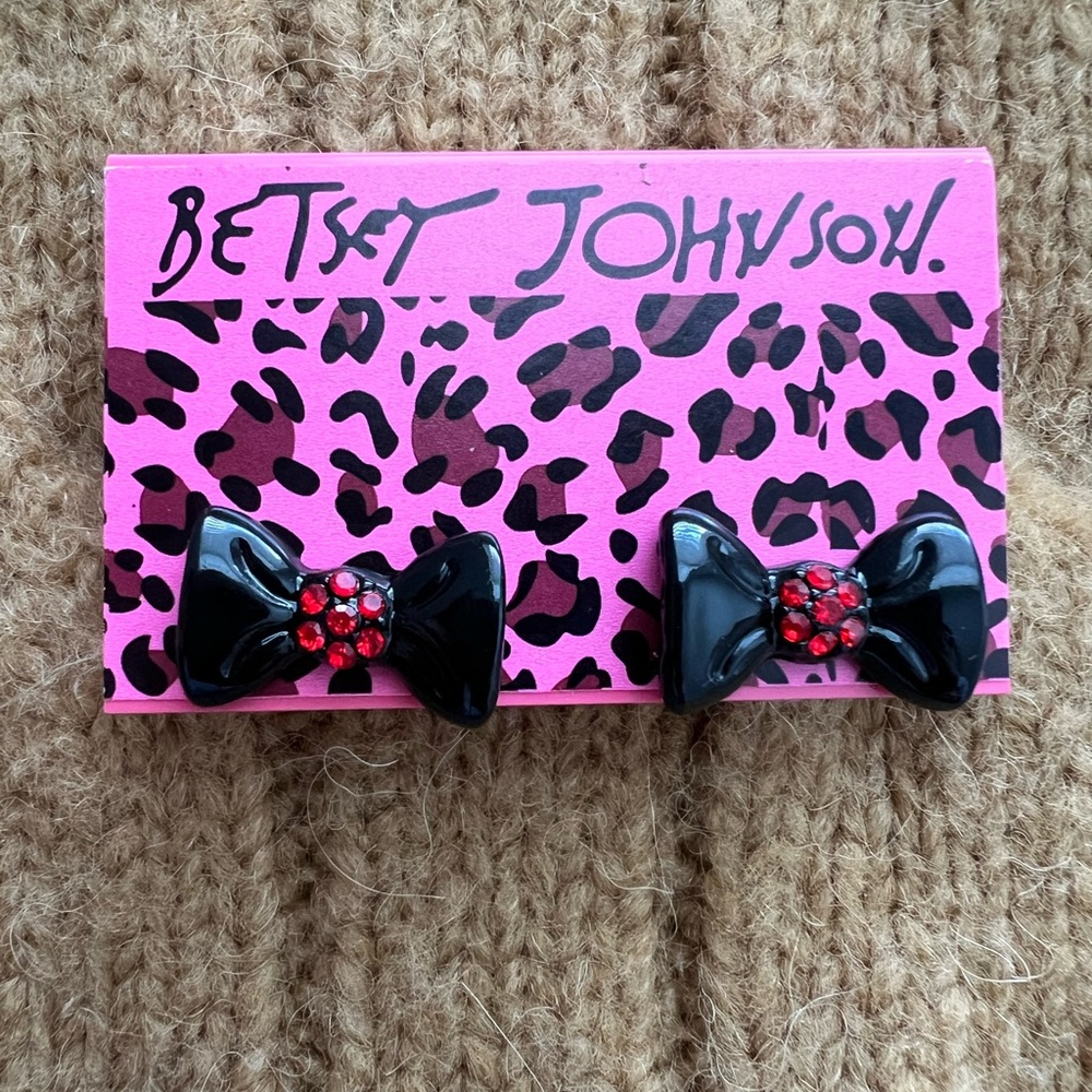 New Betsey Johnson Black Bow Stud Earrings Red Crystal Statement Y2K Christmas